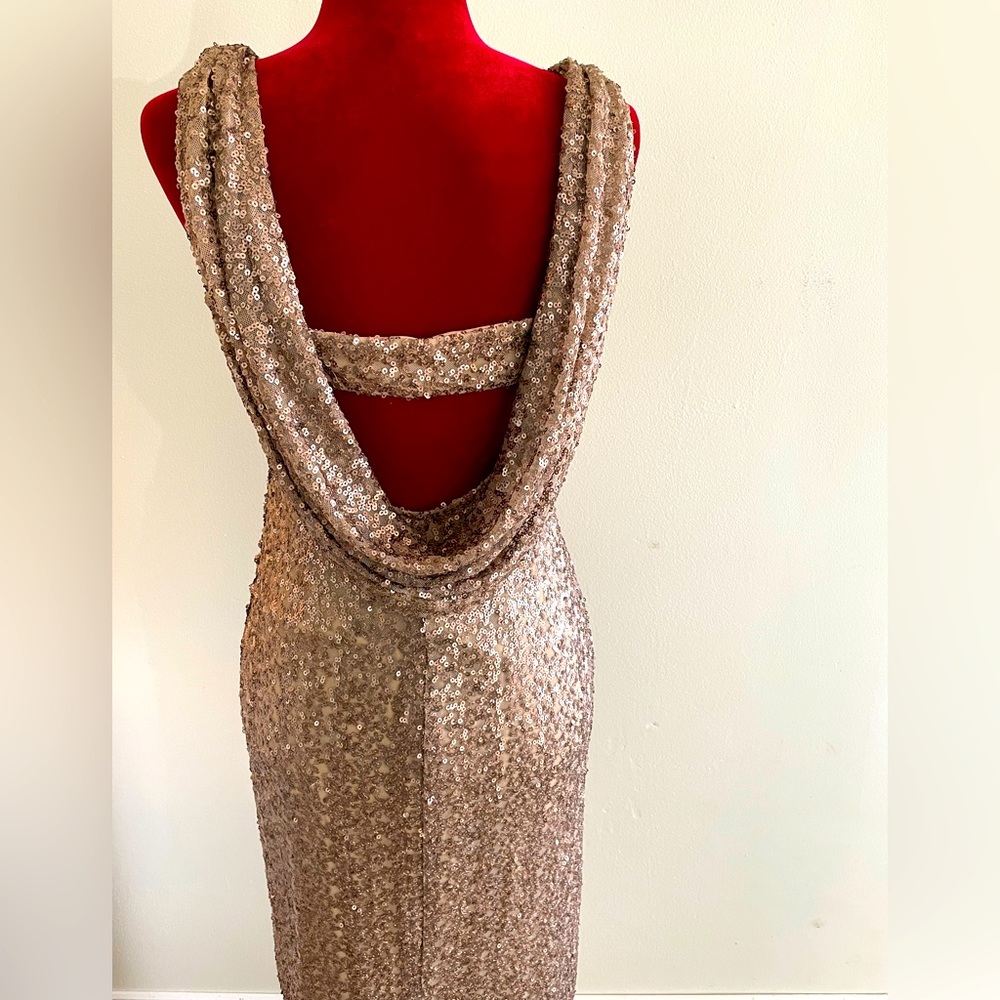 Champagne Gold all-over sequin gown with beautiful draped back